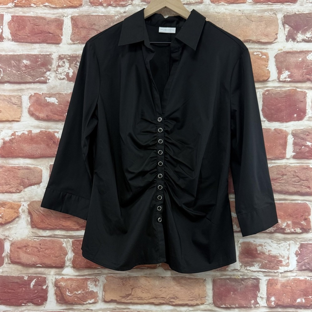 New York & Company Top Women's XL Plain Black Ruched Casual Career Work Shirt